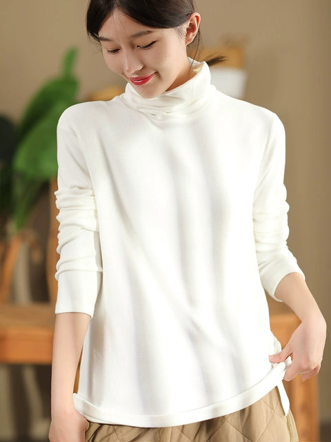 Women Casual Autumn Solid Turtleneck Botton Blouse