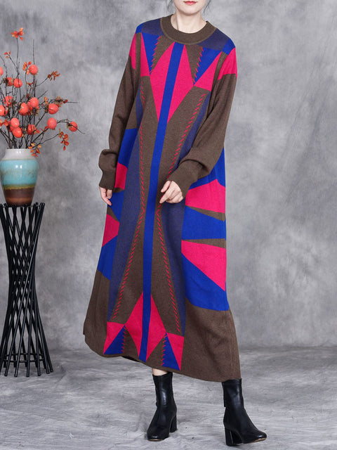 Women Autumn Artsy Colorblock Geometric Knit O-Neck Dress