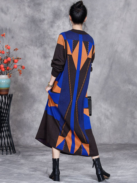 Women Autumn Artsy Colorblock Geometric Knit O-Neck Dress