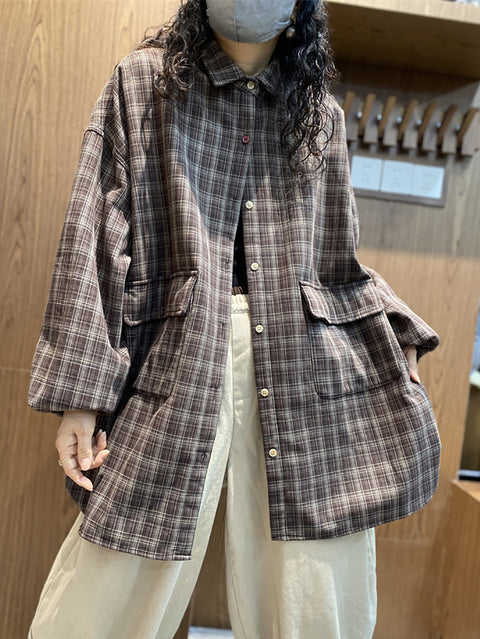 Women Autumn Plaid Buttoned Puff Sleeve Shirt Coat