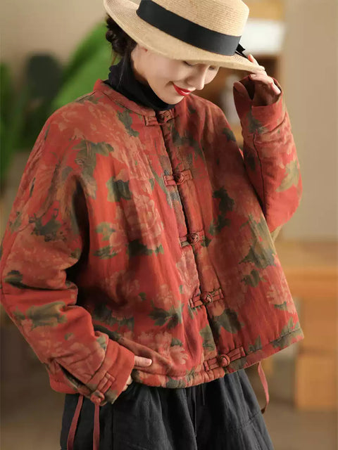 Women Autumn Ethnic Flower Short Linen Padded Coat