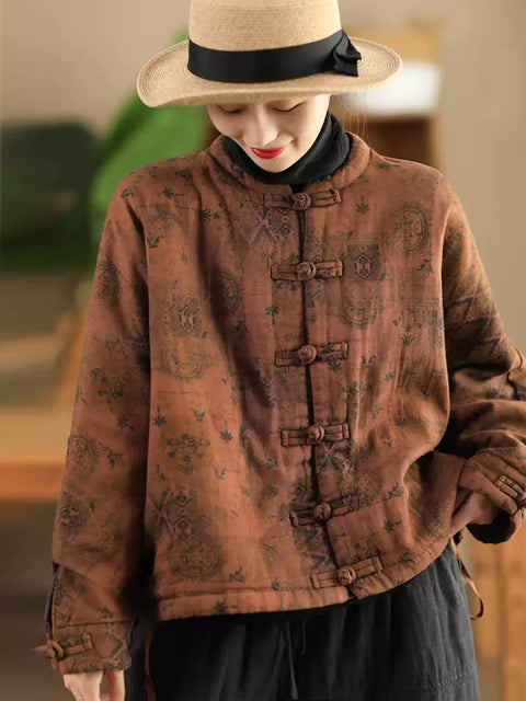 Women Autumn Ethnic Flower Short Linen Padded Coat