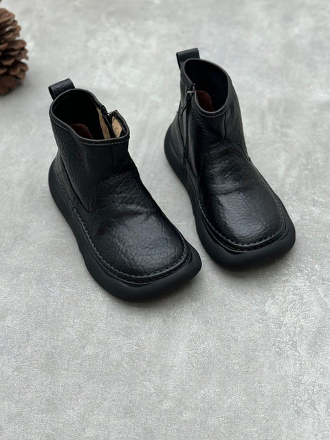 Women Winter Retro Genuine Leather Square Toe Ankle Boots