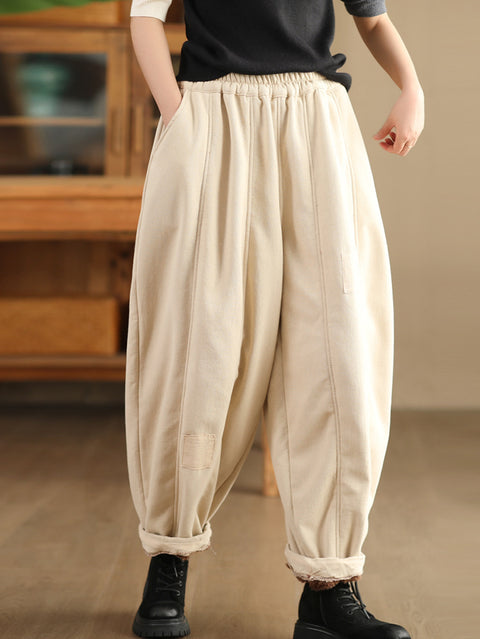 Women Winter Casual Solid Spliced Fleece-lined Harem Pants