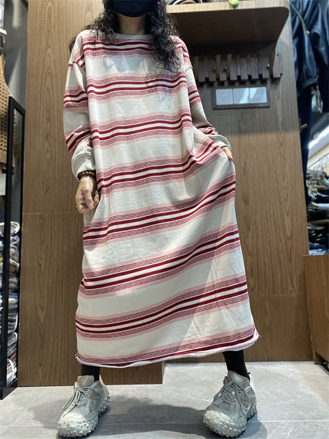 Women Casual Autumn Stripe O-Neck Cotton Dress