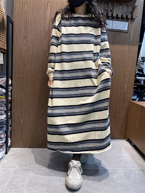 Women Casual Autumn Stripe O-Neck Cotton Dress