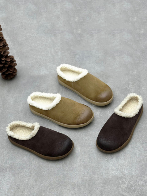 Women Winter Fleece-lined Genuine Leather Flat Slippers