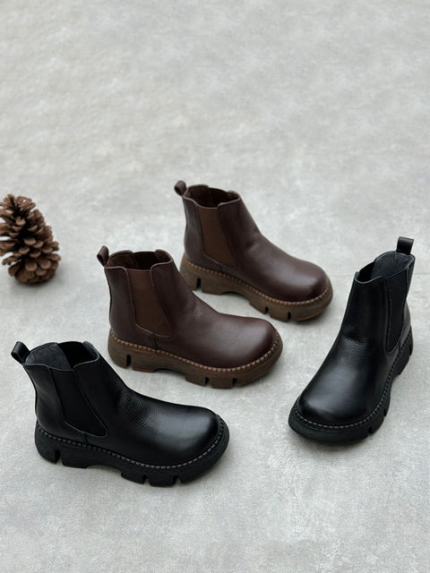 Women Retro Genuine Leather Platform Low-Heel Boots