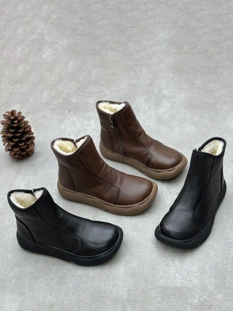 Women Winter Soft Leather Fleece-lined Flat Boots