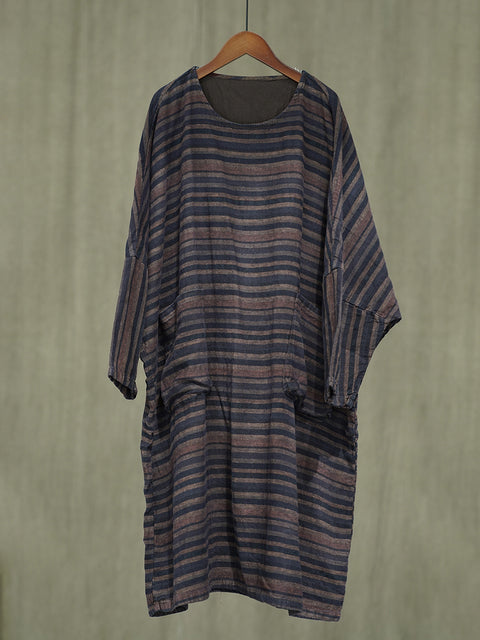 Women Autumn Casual Stripe Linen O-Neck Dress