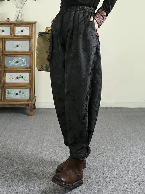 Women Winter Retro Flower Jacquard Fleece-lined Harem Pants