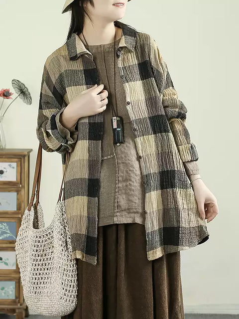 Women Autumn Cotton 100%Linen Plaid Shirt