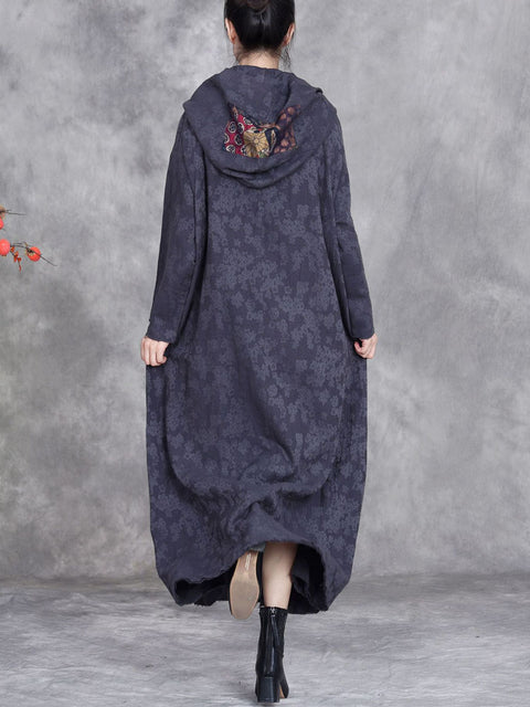 Women Autumn Retro Linen Jacquard Hooded Coat