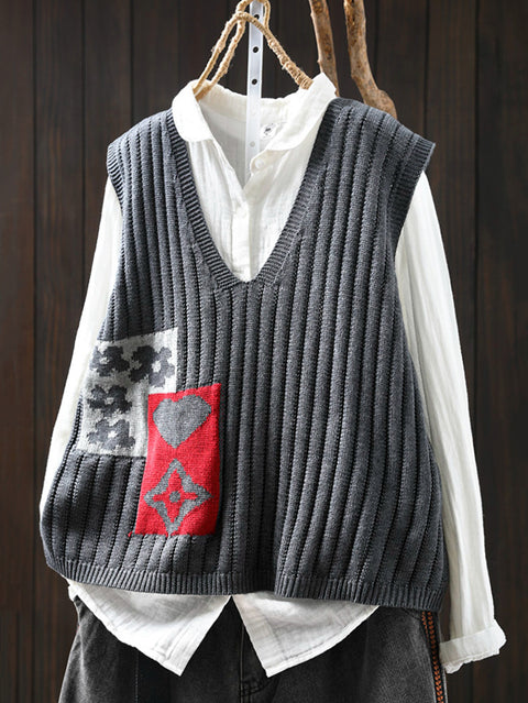 Women Spring Casual Flower Colorblock V-Neck Vest