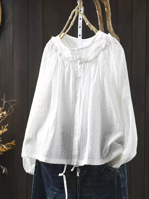 Women Spring 100%Cotton Lace Embroidery Shirt