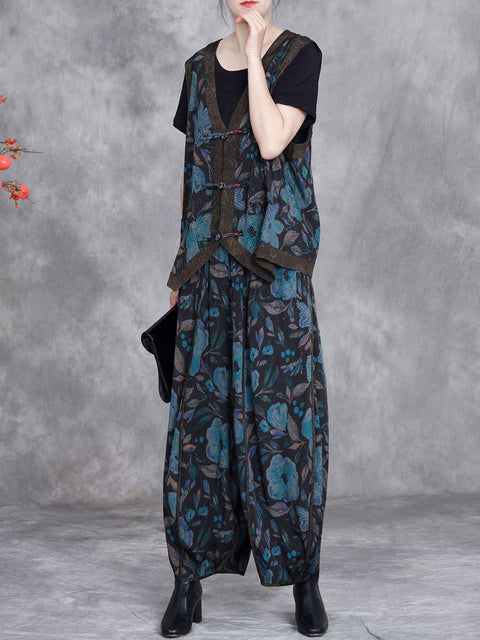 Women Spring Retro Irregular Hem Flower Suits