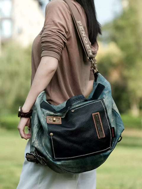 Women Retro Canvas Leather Spliced Shouder Bag