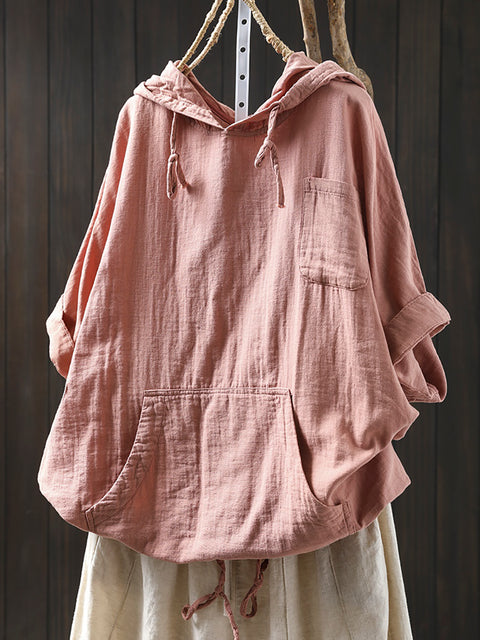 Women Spring 100%Cotton Pure Color Hooded Shirt