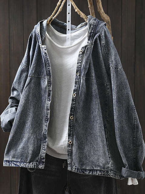 Women Spring Pure Color Denim Hooded Shirt