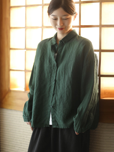 Women Spring Pure Color Turn-down Collar Linen Shirt