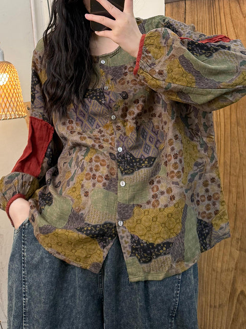 Women Spring Vintage Patchwork Flower O-Neck Shirt