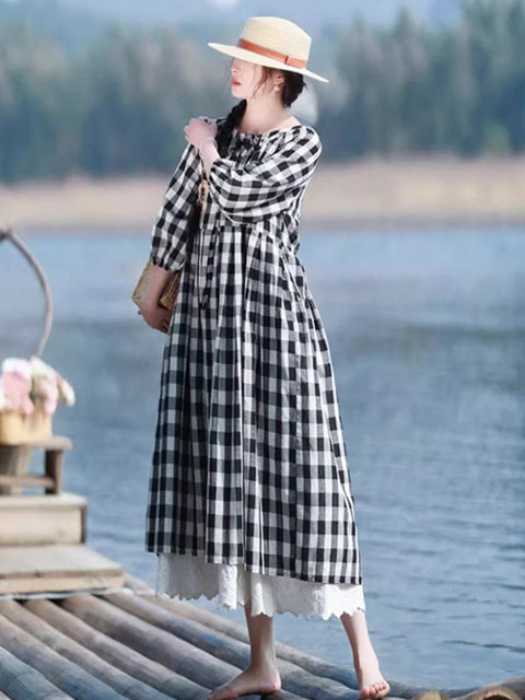 Women Winter Casual Plaid O-Neck Cotton Linen Dress