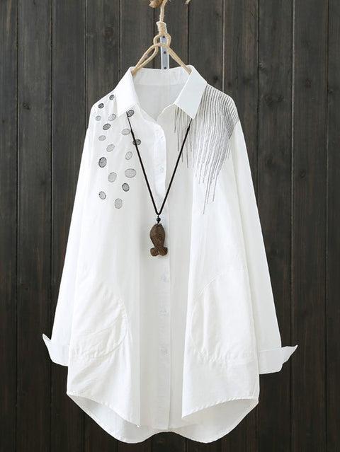 Women Artsy Embroidery Shirred Turn-down Collar Shirt