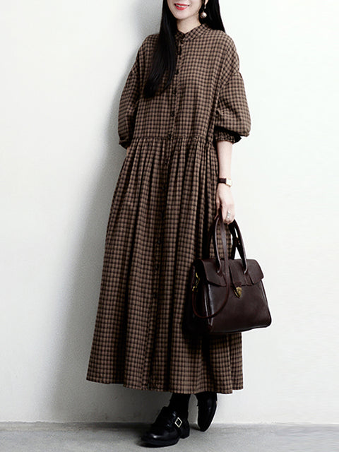 Women Spring Retro Plaid Stand Collar Loose Dress