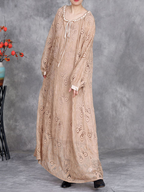 Women Spring Artsy Lace Flower O-Neck Loose Dress