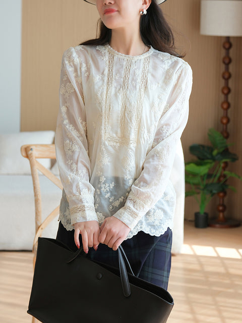 Women Artsy Pure Color Lace Collar Embroidery Shirt