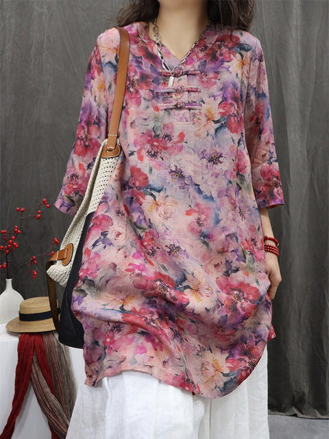 Women Spring Ethnic V-Neck Flower 100%Ramie Shirt