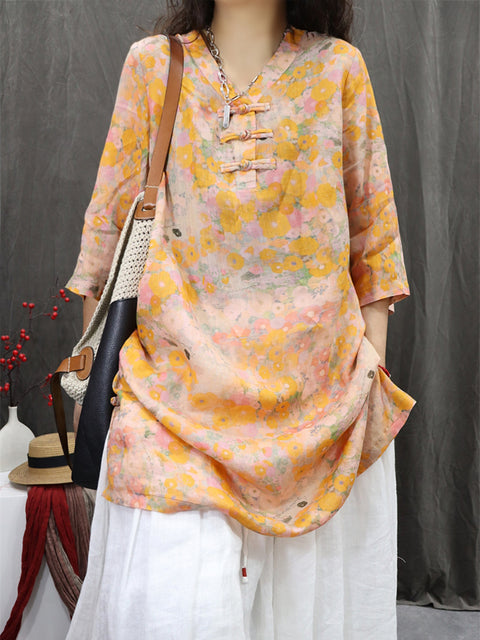 Women Spring Ethnic V-Neck Flower 100%Ramie Shirt