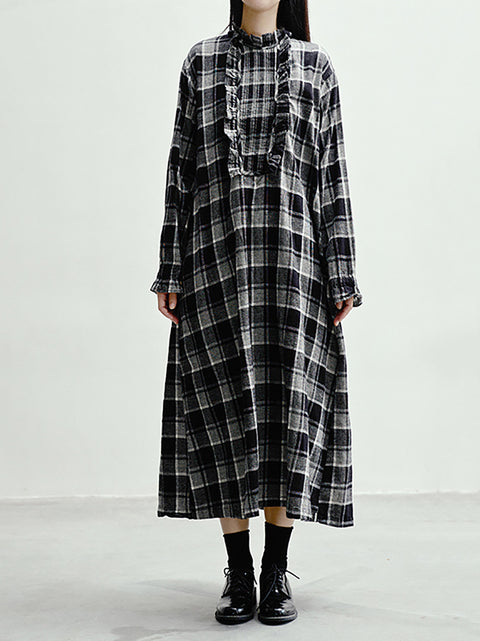 Women Spring Artsy Plaid Ruffle Collar Loose Dress