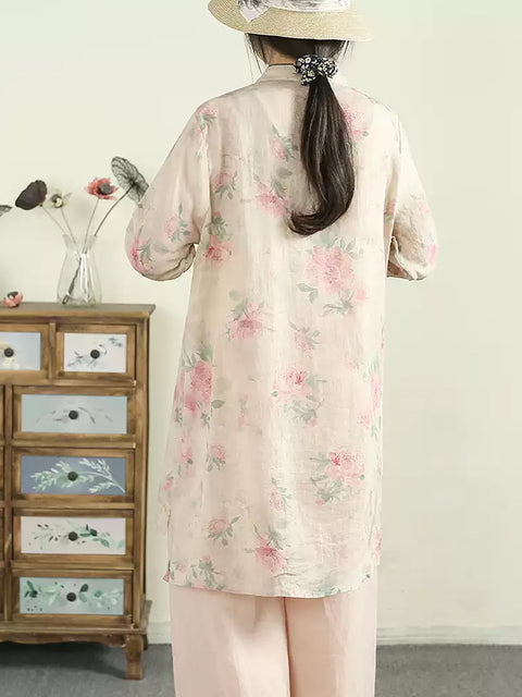 Women Ethnic Spring Flower Stand Collar Ramie Shirt