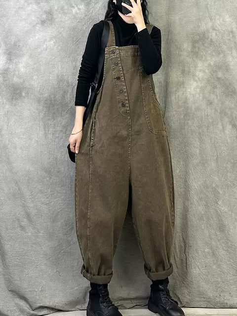 Women Spring Retro Pure Color Loose Jumpsuits