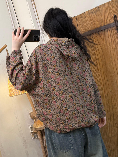 Women Spring Artsy Floral Cotton Hooded Shirt