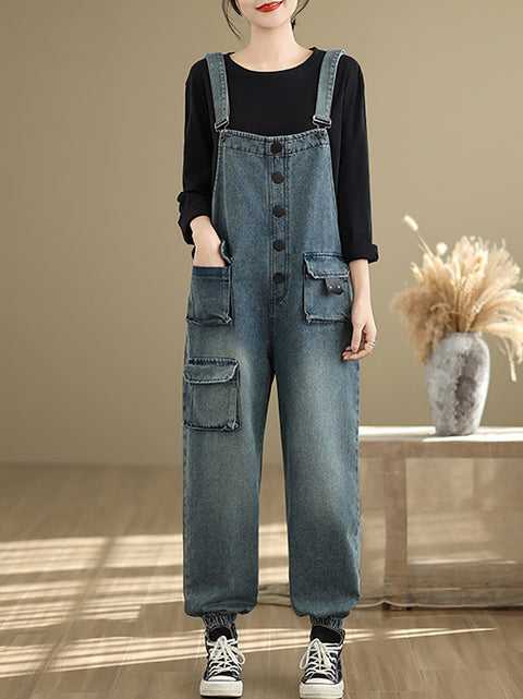 Women Spring Artsy Pocket Denim Loose Jumpsuits