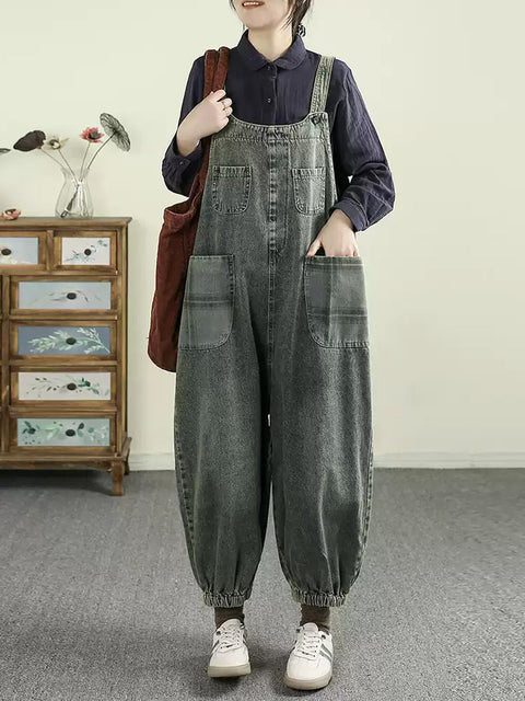 Women Spring Artsy Plaid Denim Spliced Loose Jumpsuits