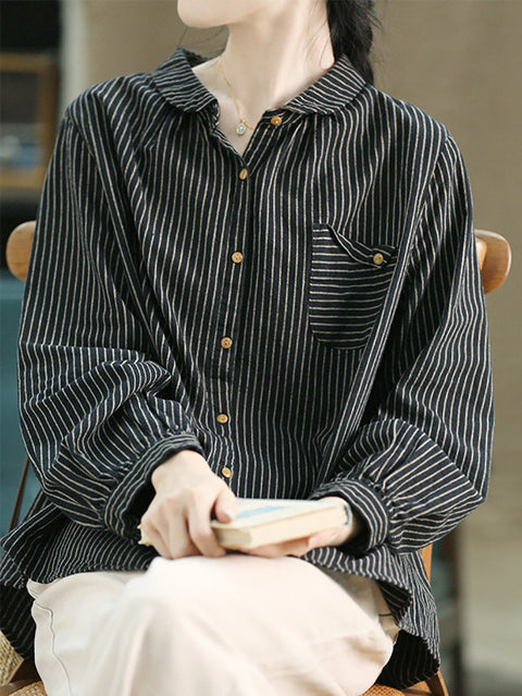 Women Autumn Vintage Stripe Cotton Turn-down Collar Shirt