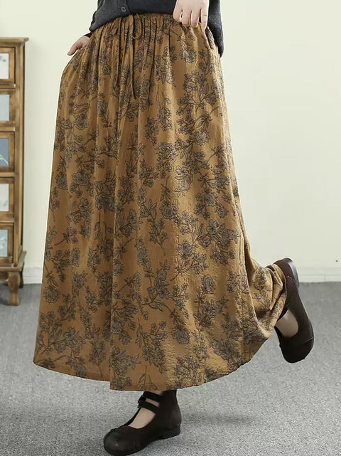 Women Spring Vintage Flower 100%Cotton Skirt