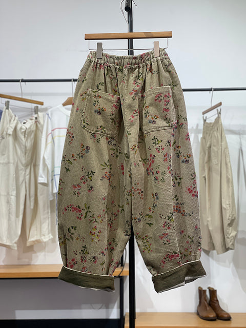 Women Spring Ethnic Flower Croduroy Wide-leg Pants