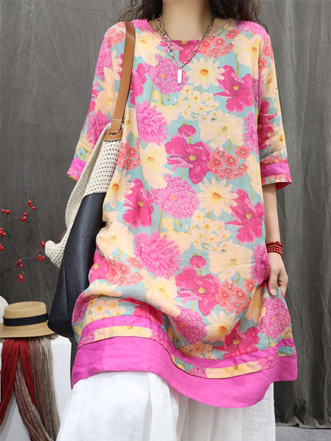 Women Spring O-Neck Flower Colorblock 100%Ramie Shirt