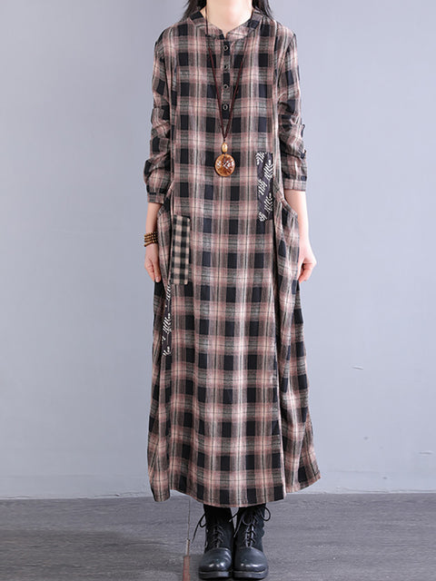 Women Spring Plaid Stand Collar Spliced 100%Cotton Dress