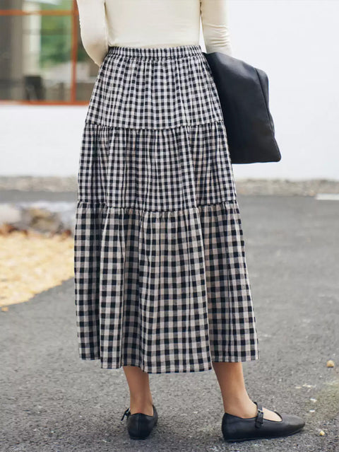 Women Spring Vintage Plaid Loose Tiered Skirt