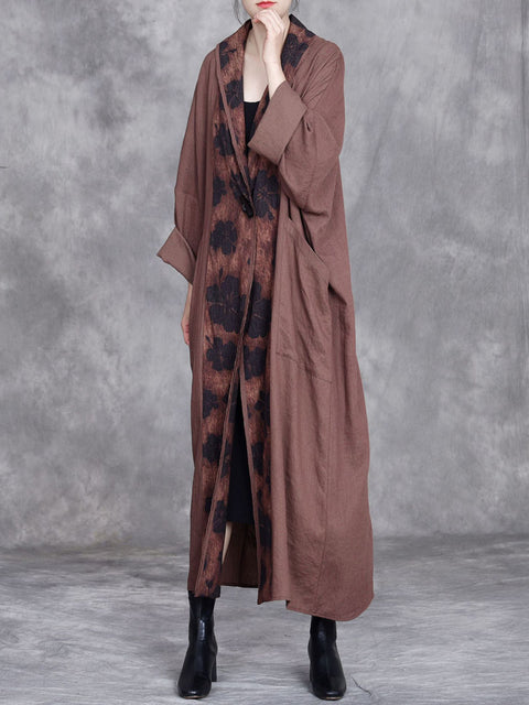 Women Retro 100%Linen Flower Spliced Batwing Sleeve Coat