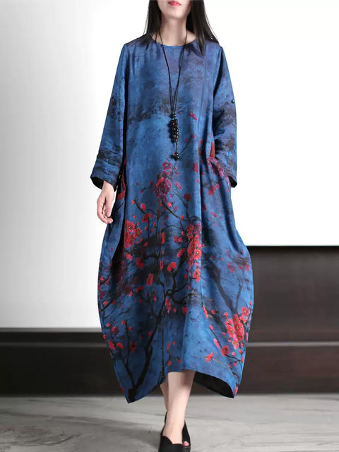 Women Spring Artsy Flower O-Neck Loose Dress