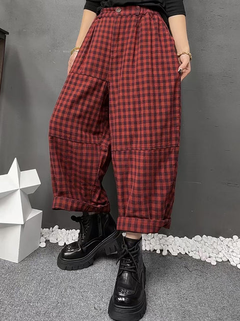 Women Vinage Spring Plaid Harem Pants