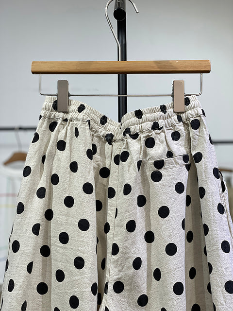 Women Vintage Spring Dot  Wide-leg Linen Pants