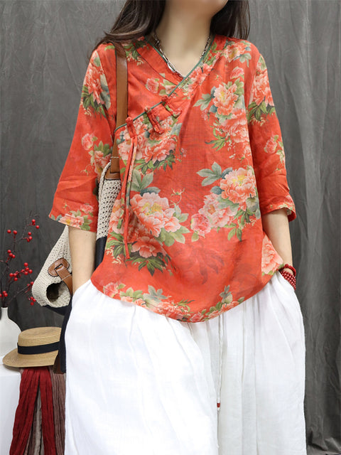 Women Spring Ethnic V-Neck Flower 100%Ramie Shirt