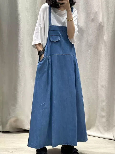 Women Spring Pure Color Denim Maxi Suspender Dress